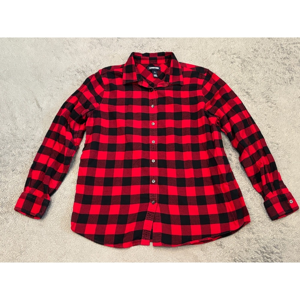 Lands End Flannel Shirt Women's 16 Red Black Long Sleeve Plaid Button Top